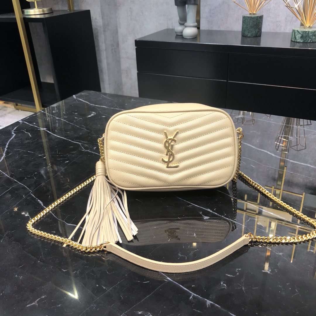 Saint Laurent Mini LOU Camera Quilted Calfskin Shoulder Bag Handbag Beige 748849 Gold